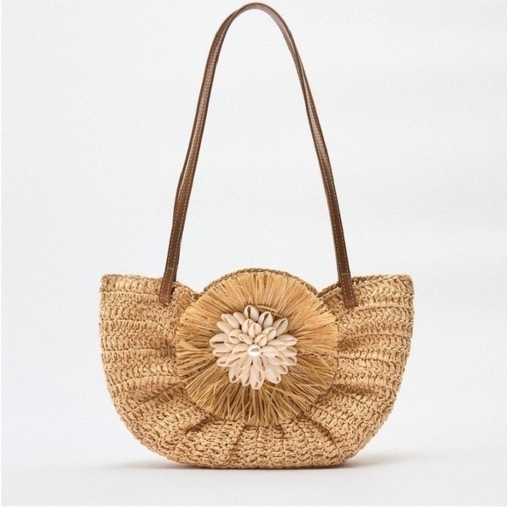 Zara Natural Straw Shoulder Bag with Brown Handles and Shell Flower